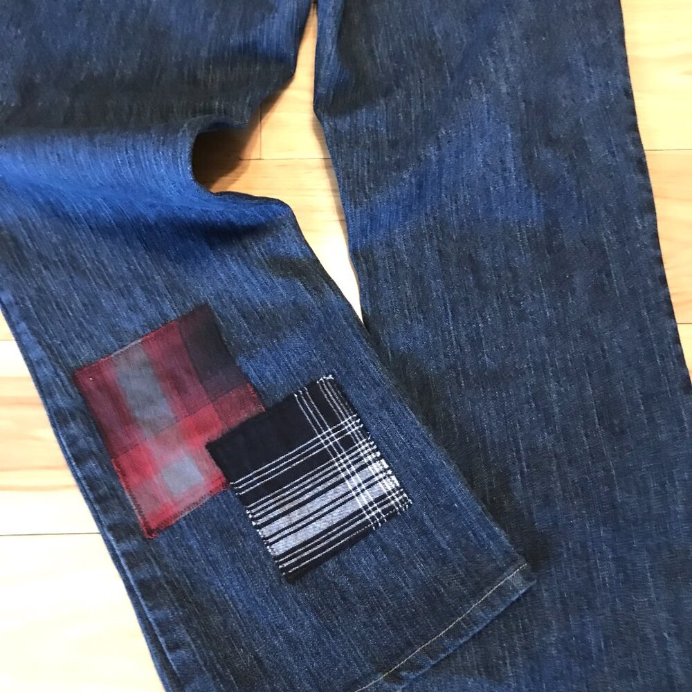 Plaid Flannel Patchwork Jeans, Upcycled Funky Pants Boho Hippie Grunge Size 8 - Picture 12 of 13